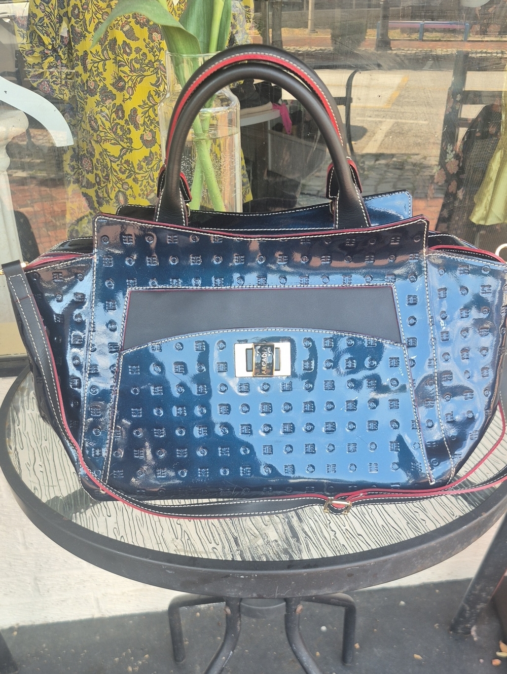 Arcadia Blue Patent Tote with Black Trim and Red Piping